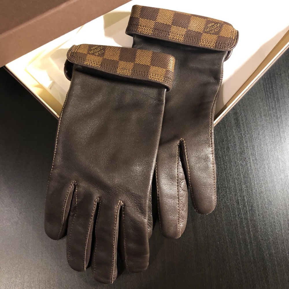 Louis Vuitton Damier Ebene leather gloves size M 100% Authentic
